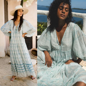 Daughters of India | Jasmine Hand Block Printed Maxi Dress Sea Mist Blue M